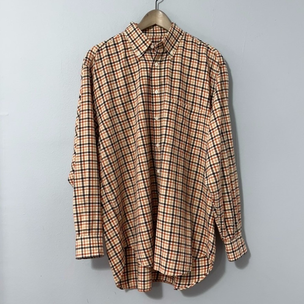 Brioni Button Down Shirt Men Large Tan Orange Black‎ Plaid Made in Italy
